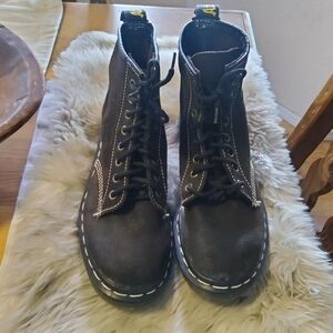 Dr. Martens Black Lace-Up Platform Combat Boots with White Stitching